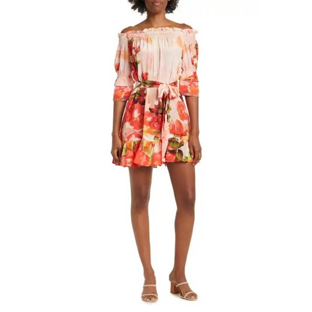 NEW Shahida Parides Rosa Rose Silk Coral Off Shoulder Dress Women's Size Small
